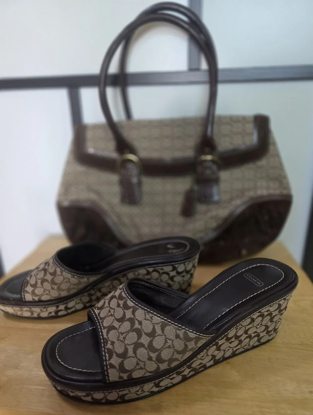Coach Tote Bag & Matching Wedge Sandals Slides Shoes Brown Signature C Size 11